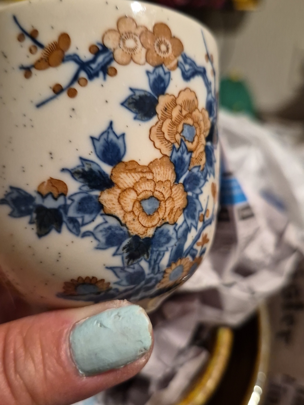 Antique Japanese Blue and Brown Floral Ceramic Tea Cup-